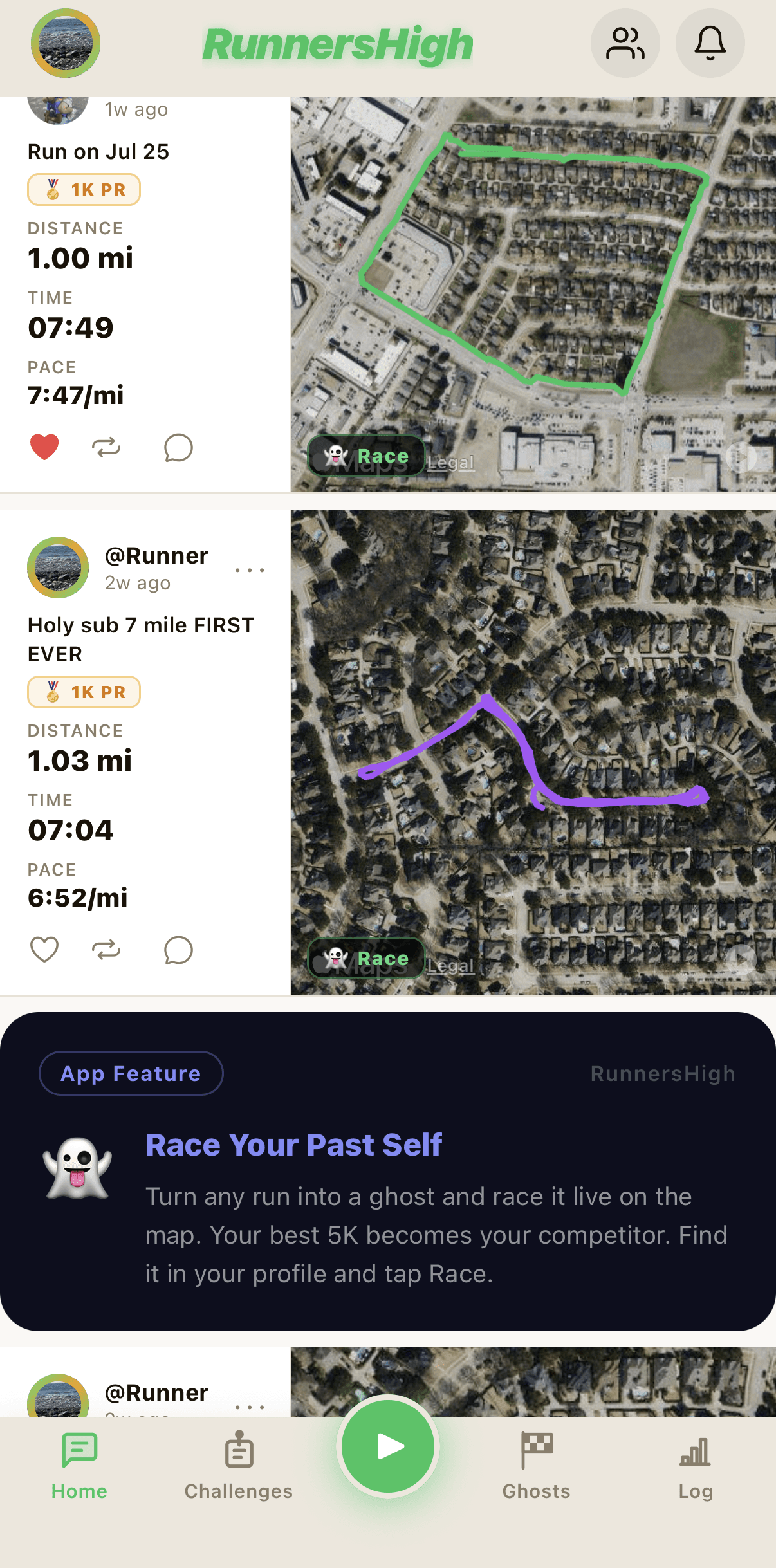 Friends Feed screen in the RunnersHigh app