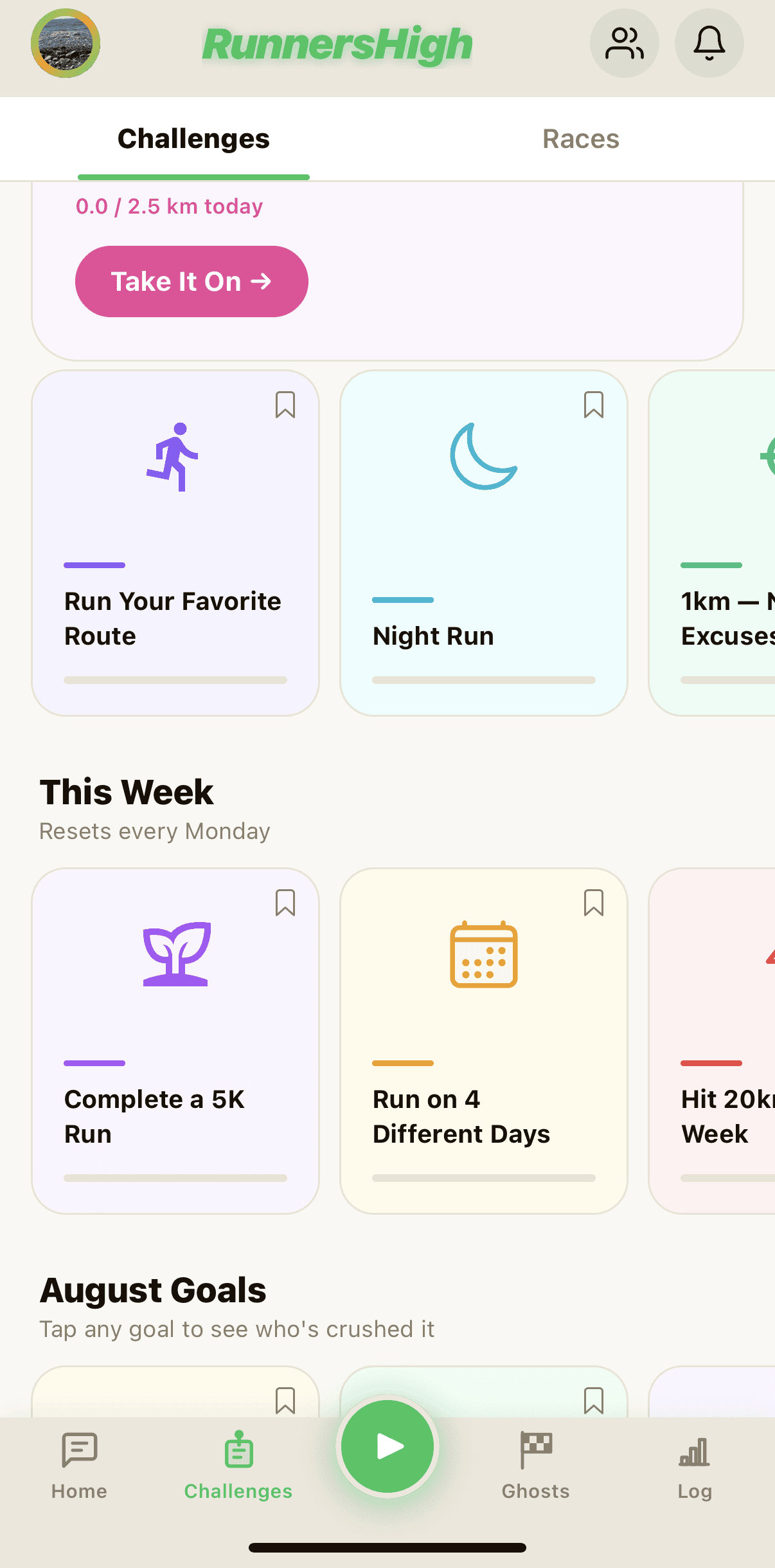 Challenges screen in the RunnersHigh app