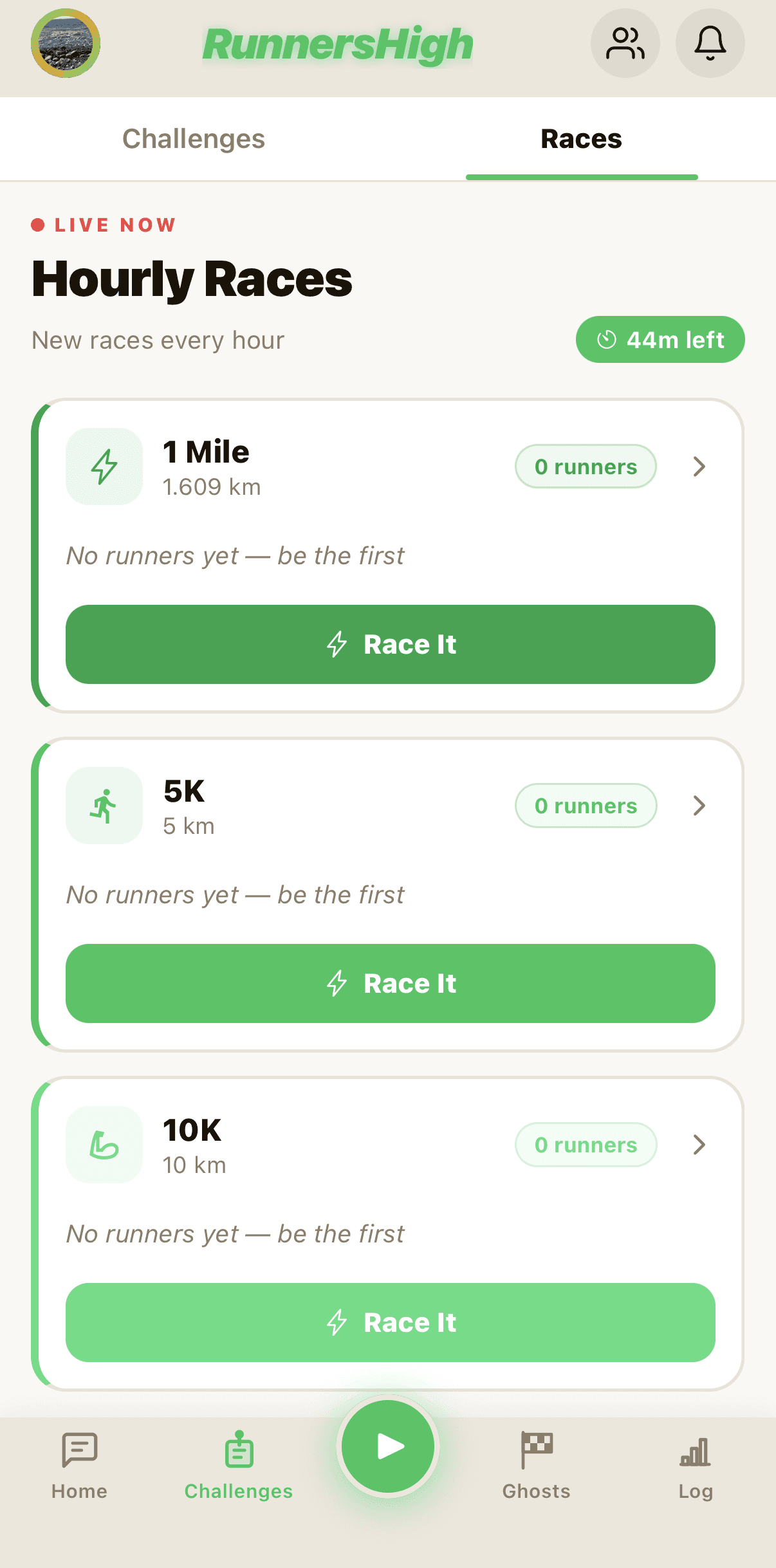 Hourly Races screen in the RunnersHigh app