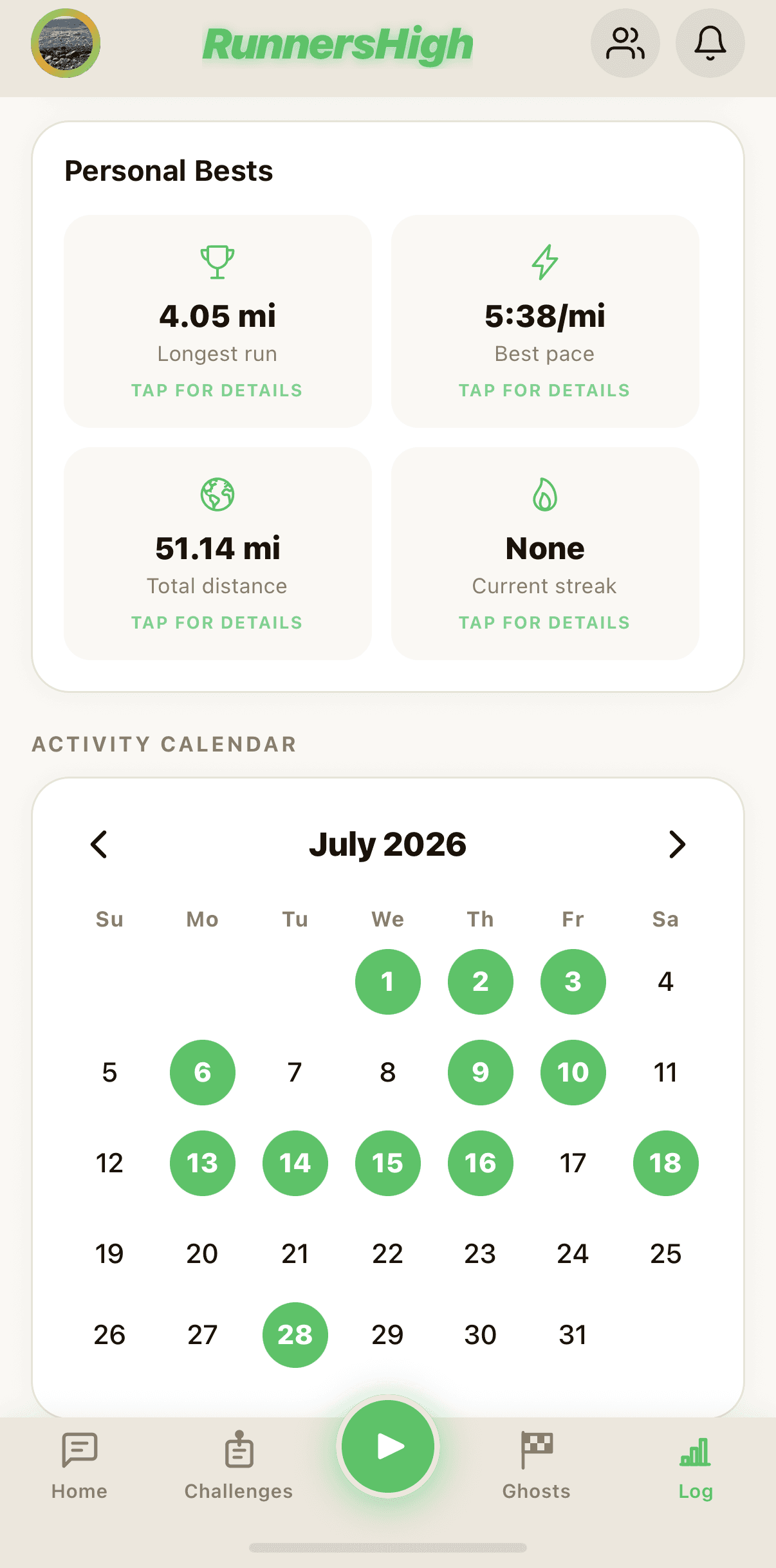 Streaks screen in the RunnersHigh app